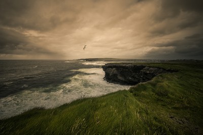 Falaises des Kilkee Cliffs en Irlande avec océan Atlantique agité, écume blanche, rochers sombres et ciel chargé dans le comté de Clare