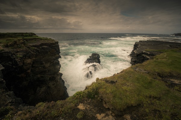 Falaises de Kilkee dans le comté de Clare en Irlande, avec herbe verte au premier plan, mer agitée, ciel chargé et oiseau de mer au-dessus des falaises.